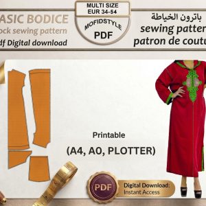 باترون جلابة مخزانية مغربية رقمي PDF من موفيد ستايل Mofidstyle مقاسات 34-54 مع صورة للموديل باللون الأحمر.