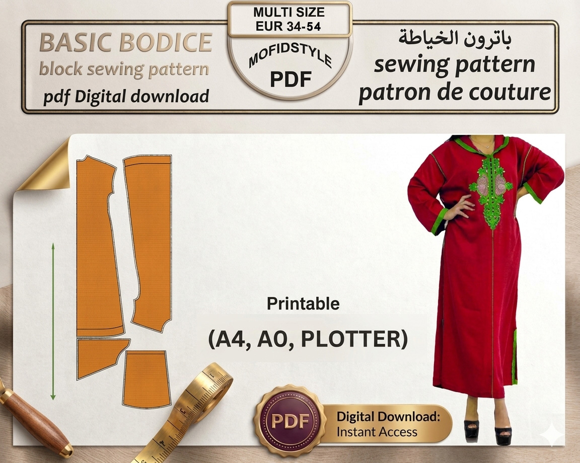 باترون جلابة مخزانية مغربية رقمي PDF من موفيد ستايل Mofidstyle مقاسات 34-54 مع صورة للموديل باللون الأحمر.