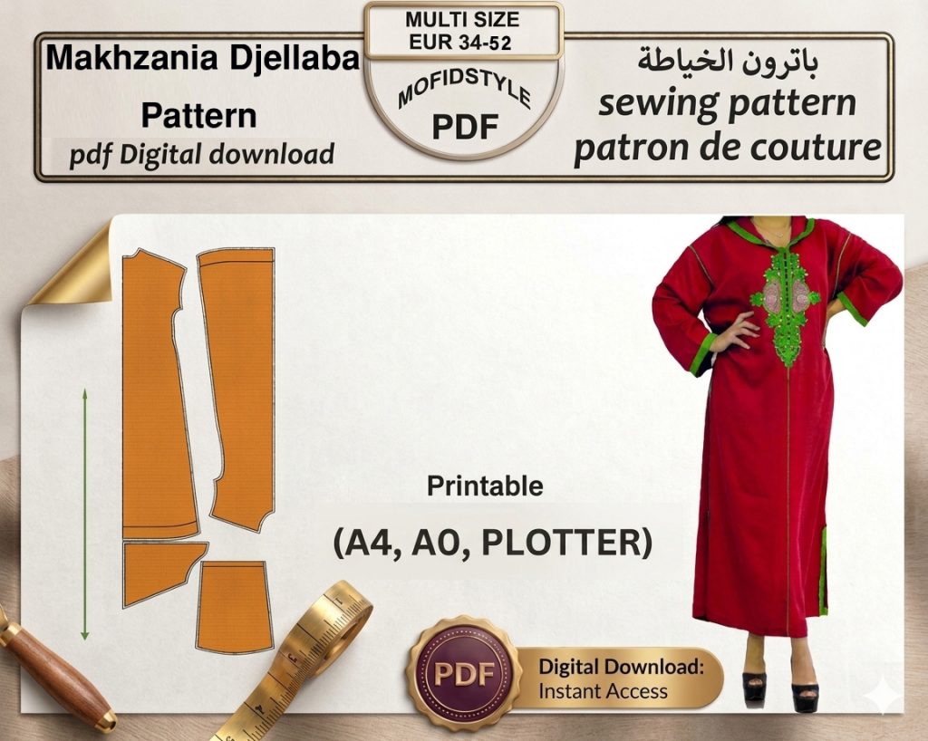 الصورة الحالية: باترون جلابة مخزانية مغربية رقمي PDF من موفيد ستايل Mofidstyle مقاسات 34-54 مع صورة للموديل باللون الأحمر.