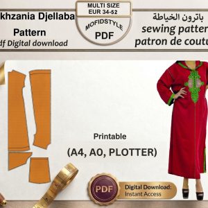 باترون جلابة مخزانية مغربية رقمي PDF من موفيد ستايل Mofidstyle مقاسات 34-54 مع صورة للموديل باللون الأحمر.