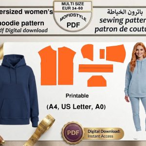 باترون هودي نسائي فضفاض (Oversized) رقمي PDF - مقاسات 34 إلى 60 جاهز للطباعة
