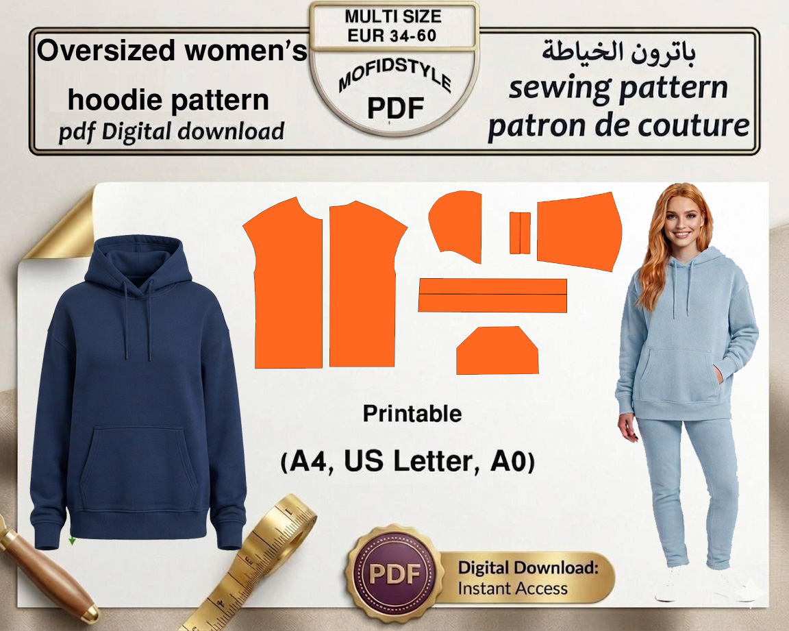 باترون هودي نسائي فضفاض (Oversized) رقمي PDF - مقاسات 34 إلى 60 جاهز للطباعة