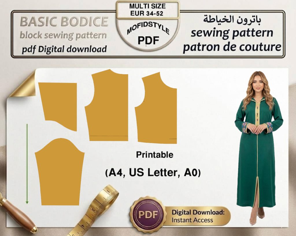 الصورة الحالية: باترون الكورساج الأساسي للجلابة والعباية PDF (مقاسات 34-52) - للتحميل الرقمي فقط